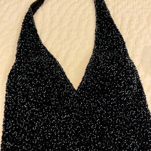 Je’ Matadi dress in Black. Beaded. Size 7/8. LOW back, runching on derrière!